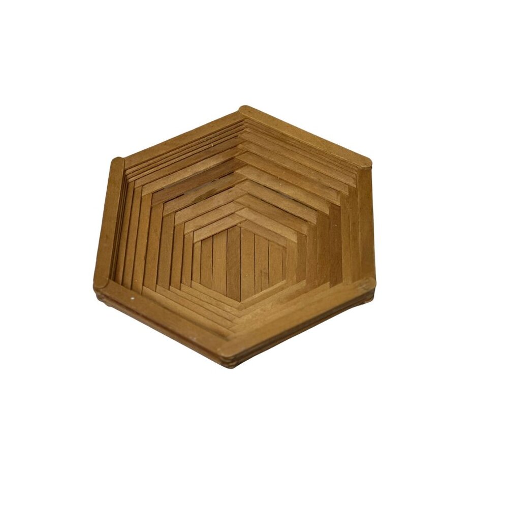 Vintage Handmade Popsicle Stick Bowl | Hexagonal Trinket Dish | Unique Folk Art